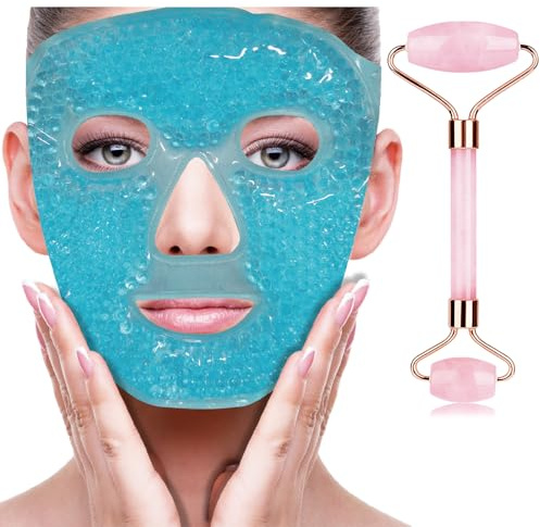 ZNÖCUETÖD Ice Face Facial Jade Roller and Ice Face Mask Cold Cooling Gel Mask Gift Set for Women Aging Wrinkles Lifting Firming Puffy Eyes, Eye Face Neck Roller Massager SPA Tools