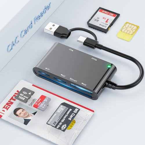 6 in 2 Multi Memory Card Reader, USB CAC Card Reader with SDHC/SDXC/SD Card Reader & Micro SD Card Adapter, Smart Card Reader for SIM, MS, M2, MMC RS & 4.0 for Windows, Linux, Mac OS