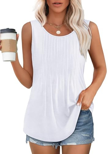 Chicrise Débardeur Femme D'été Col Rond Haut Plissé sans Manche Camisole Long Décontracté