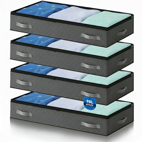 LOOMART Underbed Storage Bag 90L – Foldable Under Bed Storage Box with Lid, Reinforced Handle, Clear PVC Window, Clothes Storage Organiser for Blankets, Duvets, Bedding – Grey (Underbed Storage, 3)