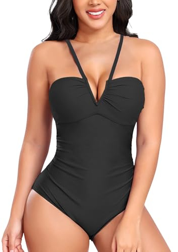 NLAND Bañadores Mujer Cuello en V Trajes de Baño una Pieza para Mujer Correas Espaguetis Push Up Cintura Alta Vientre Plano Sexy Bañador Natacion Monokini,Negro L