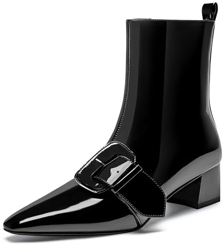 AlureAbys Women's Ankle Boots Chunky Heel Pointed Toe Patent Short Booties Buckle Side Zipper Low Block Heel Fashion Dress Shoes, Black, 6 UK