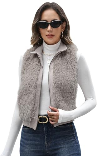 FIOPHY Womens Faux Fur Vest Lapel Collar Sleeveless Zip Up Cardigan Vest Top Fuzzy Coats Jacket Fluffy Outwear with Pockets - Grey L