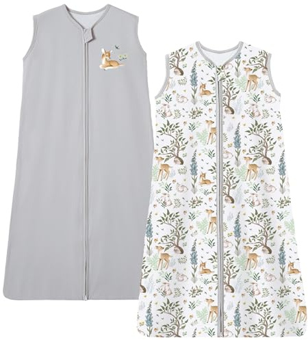 Chilsuessy Sacco nanna per bambini, 1,5 Tog, confezione da 2 pezzi, in 100% cotone, per tutte le stagioni, per ragazzi e ragazze, 1,5 tog/grigio + foresta, 110 cm, altezza bambino 100 – 120 cm