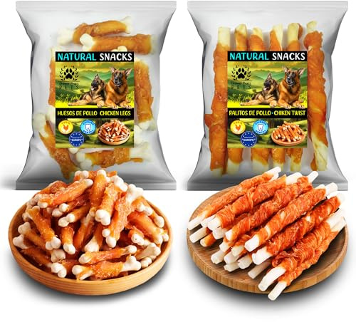 Pack Scoperta 2 Gusti per Cani – 2 x 100 g Snack Naturali (Ossi con Calcio e Bastoncini di Pollo) – Senza Cereali – Premio Dentale per Cani di Taglia Media e Grande