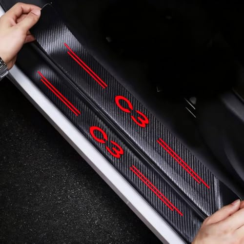 EULVGG 4 Piezas Protector de Escalón de Coche para Citroen C3, Protección de Barra de Umbral de Puerta con Pegatinas de Fibra de Carbono Decoración para Estribos de Coche Anti-Arañazos (Rojo)