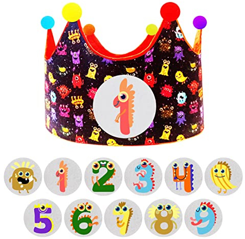 Anak Anak Corona de Cumpleaños para Niños - Diseño de Monstruos Divertidos con Números Intercambiables 1 a 9 + 2 Muñecos - Ajustable con Velcro - Accesorio Reutilizable para Fiestas Infantiles