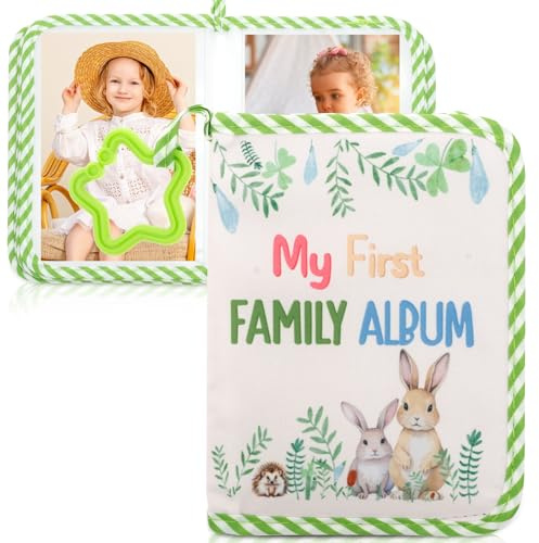 Baby Photo Album, Soft Cloth Infant Photo Book Holds 17 6inch Photos,Rabbit Toddler Memory Book with Safety Mirror,My First Year Photos Album for Family Newborns Toddlers Baby Shower (Green)