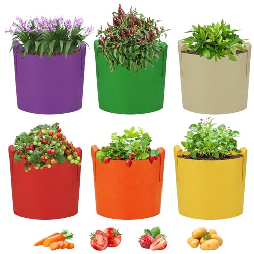 Ohiyoo Lot de 6 sacs de plantation de 60 L, sac de plantation en tissu non tissé de 15 gallons avec poignées pour pommes de terre, sac de plantation multicolore pour légumes, pommes de terre, tomates