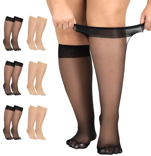 Aaronano 6 Pairs Plus Size Knee High Socks for Women 15 Denier Sheer Nylon Stockings Wide Calf One Size Black Nude(Black+Natural)