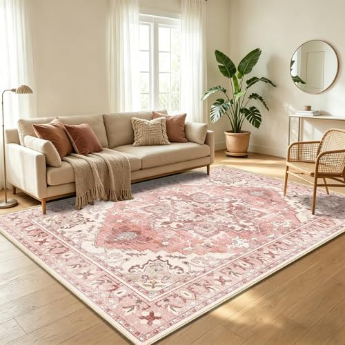 WUTONG Rosa Tappeto Vintage Salotto 80x120 cm Lavabile,Motivo Orientali Antiscivolo Pelo Corto,Scendiletto Camera da Letto Morbido,Tappeto Cucina