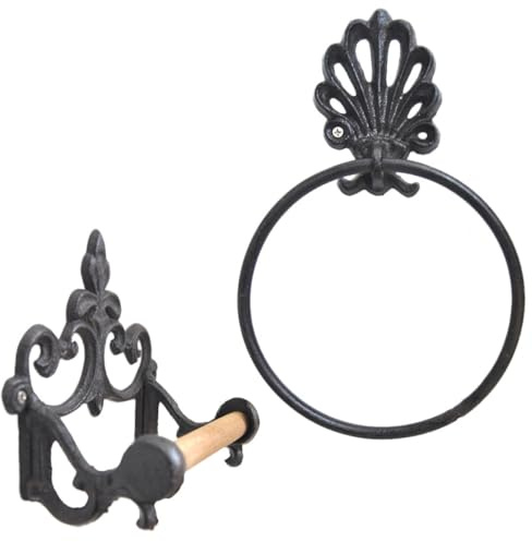 INOOMP Toalleros de Hierro Forjado Accesorios de Instalación Retro Aro Redondo 2 Pcs para Colgar Toallas Negro Resistentes Abrasión para Baño