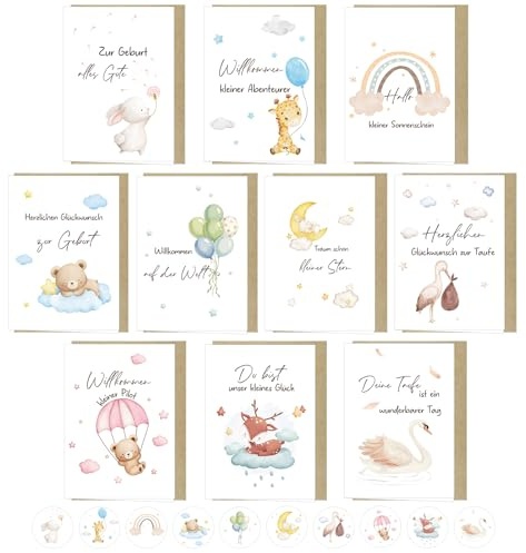 Thboxes Lot de 10 cartes de naissance avec enveloppe, format A6, cartes pliantes, aquarelle, pour naissance, fille, garçon, cartes de vœux, carte de baptême, cadeau de baptême