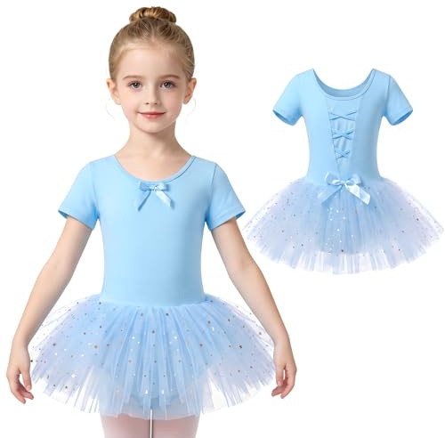JinBei Vestido Ballet Niña Algodón Maillot de Danza Lentejuelas, 2-9 Años | Traje de Ballet Tutu Cómodo, Manga Corta y Larga, Gimnasia Body de Baile Ropa Infantil, para Actuación, Práctica, Diaria