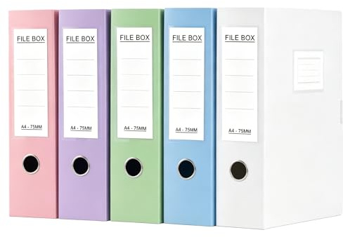 GUOKOFF 5PCS Boîte de Classement A4 en Plastique avec Couvercle,Dos de 75mm | Boîtes de Classement A4, Boîte de Rangement, Boite à Archive pour Bureau école (5 Couleurs)