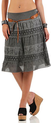 Malito Damen Rock mit Blumen Strickmuster | Glockenrock mit Gürtel | Sommerrock mit Spitze | Minirock - Rock 16167 (dunkelgrau)