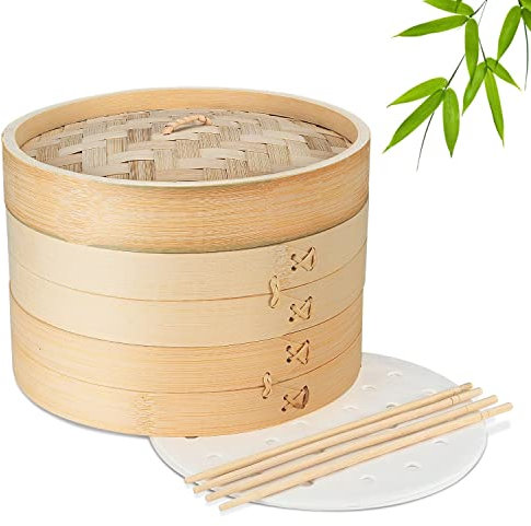 Flexzion Bambus Dampfgarer Set, Asiatischer Bambusdämpfer 2 Etagen mit Deckel, Bamboo Steamer, 20,3cm Dampfgarer Bambus mit 50 Backpapier & 2 Paar Essstäbchen, für Knödel Fleisch Fisch Gemüse Reis