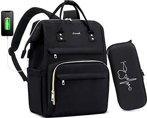 LOVEVOOK Nurse Backpack Laptop Backpack for Women with Stethoscope Case & USB Charging Port Anti Theft Travel Backpacks Doctor Bag Fits 15.6 Inch Laptop and Notebook, Black