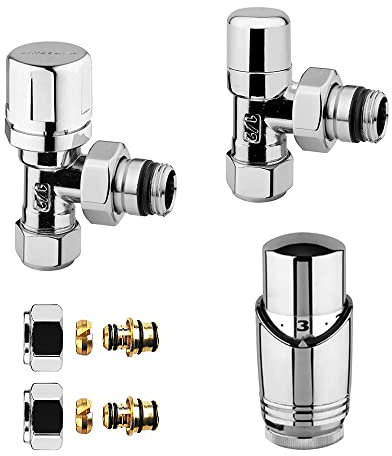 Inbagno Valvola termostatica e detentore ½ in Acciaio dalle Diverse colorazioni, Completi di termostato con sensore a Liquido e raccordi per Rame o Multistrato (Multi 16x2, Cromo)