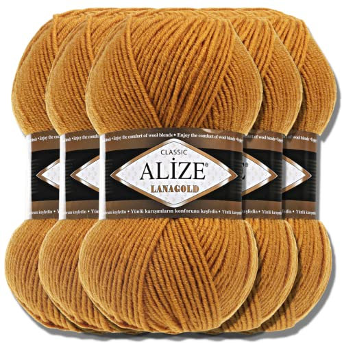 Alize 5 x 100g Lanagold Türkische Premium Wolle Baumwolle und Acryl Handstrickgarne | Yarn | Garn | Strickgarn Accessoire Baby zum Häkeln Stricken Kleidung Schals (Mustard | 645)