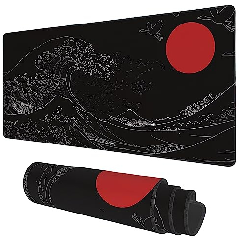 Skrivbordsmatta, svart japansk stil våg och röd sol utökad spelmusmatta stor, 35 cm x 40 cm stor musmatta med halkfri bas och sydd kant, lång datortangentbord musmatta för hemmakontor arbete