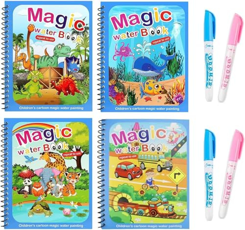 SLshiBo 4 Pièces Réutilisable Livre Magique à l'eau, Livre de Dessin Magique avec Stylo, Magic Water Book, Livres de Coloriage à l'eau pour Enfants Education Dessin