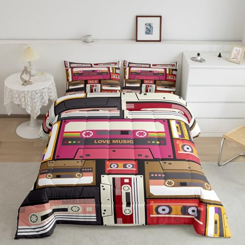 Homewish Vintage Musical Bedding Set Full Size,80s Retro Tape Print Comforter Set,Audio Cassette Music Art Style Quilt Set for Kids Girls Boys Adult Room Decor,Red Brown Duvet Insert,2 Pillowcases