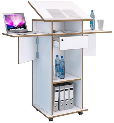 VCM Holz mobiles Rednerpult | Maße ca. H. 107 bis 128 cm x B. 60 bis 123 cm x T. 44 cm | rollbar mit Schublade | Stehpult | Stehtisch - Salia Weiß