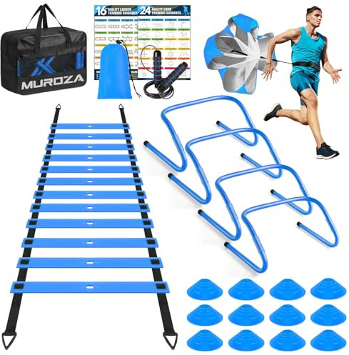 MUROZA Agility Ladder, Agility Speed Training Equipment Set, 20ft Speed Ladder, 12 Soccer Cones, 4 Hurdles, Jump Rope, Running Parachute, Soccer Football Basketball Training Equipment Accessories