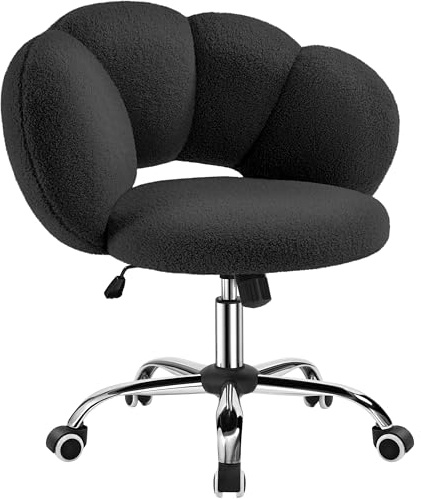 Yaheetech Boucle Upholstered Desk Chair Cloud-shaped Accent Chair Soft | Makeup Vanity Chair with Wheels, Swivel, Home Office Chair with Adjustable Height, for Living Room Bedroom Make up, Black