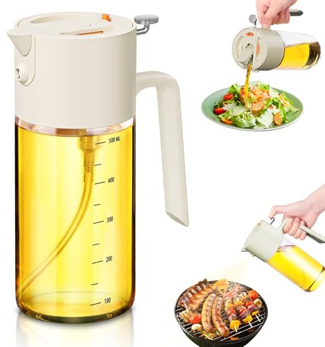 VOMEP 2-in-1 Ölsprüher für Speiseöl, 500ml/17oz Glas-Olivenölflasche, Ölzerstäuber für Kochen, Salate, Heißluftfritteuse und Grill (Weiß)