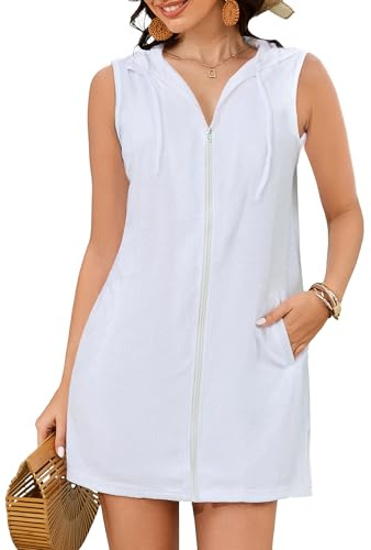 Bsubseach Women Terry Cloth Swim Cover Up Sleeveless Zipper Beach Robe
