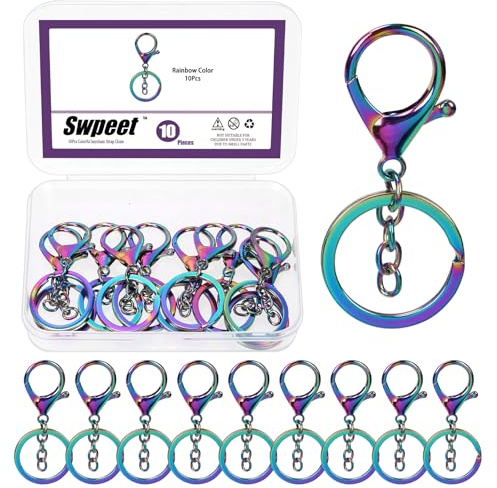 Swpeet Juego de 10 cierres de pinza de langosta de color iridiscente con llavero y anillo dividido plano, cierres giratorios, ganchos giratorios para bolso, correa, llavero, manualidades