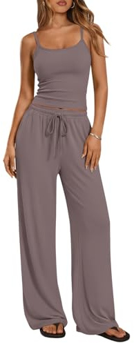 Trendy Queen Womens 2 Piece Lounge Sets Spring Outfits Matching Airport Camisole Tops Wide Leg Pants Summer Fashion Tracksuits 2026 Rose Taupe S