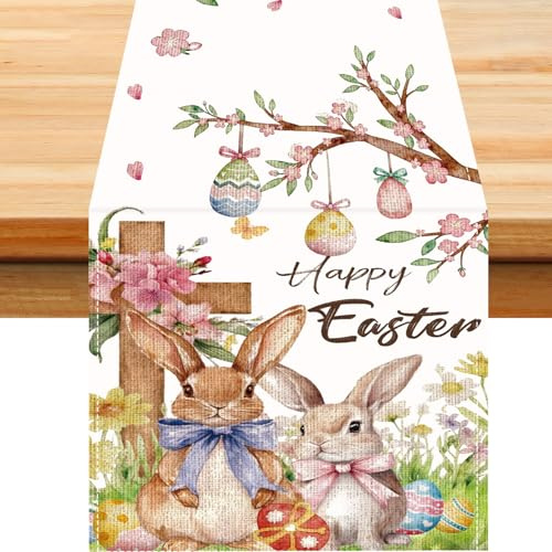 Easter Table Runners for Dining Table - Happy Easter Spring Table Decorations Flower Rabbits Eggs Cross Bunny Design Home Kitchen Dining Decor 183x33cm
