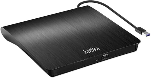 Antika External CD Drive USB 3.0 Portable Slim External DVD Drive CD DVD +/-RW ROM Burner Writer/Player for MacBook Pro Laptop/Desktops Win 11/10/7/8.1 (Black)