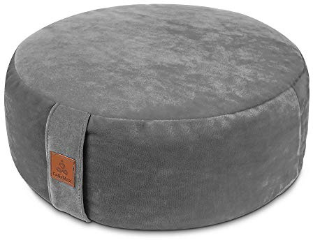 Round Velvet Meditation Pillow D=13/16 H=5.5 Yoga Bolster Floor Pouf Zafu Buckwheat Meditation Cushion for Sitting on Floor,Removable Organic Cotton Cover Kneeling Pillow (Light Grey, 13×13)