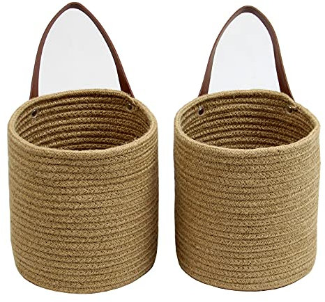 Casaphoria Cesta colgante de yute con asa, pequeña cesta de cuerda tejida para colgar flores y plantas, cesta de pared, juego de decoración bohemio, 7 x 7 x 7.9 pulgadas, paquete de 2, yute