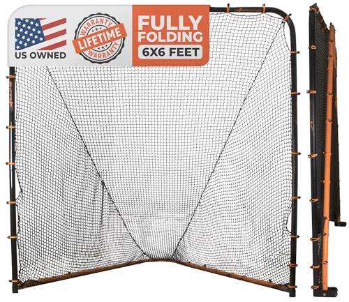 Lacrosse Goal Net (6'W x 6'H x 7'D) Folding Lacrosse Net for Backyard | Powder Coated Steel Frame, UV Treated Netting, Use with Rebounder & Backstop Goal Nets [Includes Carrying Bag & U Stakes]