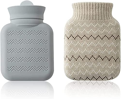 Petite Bouillotte, avec Housse Tricotée, Mini Chauffe-mains en Silicone, Peut être Réchauffé au micro-ondes, Sacs D'eau de Thérapie Chaude et Froide, Convient aux Enfants et aux Adultes (Gris)