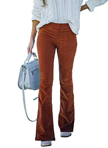 Sidefeel Women's Corduroy Flare Pants Elastic Waist Bell Bottom Trousers X-Large Brown
