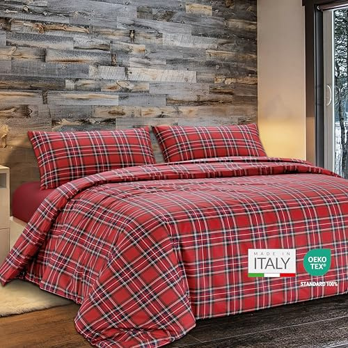 Dorian Home - Set Copripiumino Matrimoniale 250x210 con Sacco in 100% Puro Cotone + 2 Federe Cuscino Letto 50x80 con Patella di 18 cm (Scozzese Rosso, Matrimoniale - 250x210 cm)