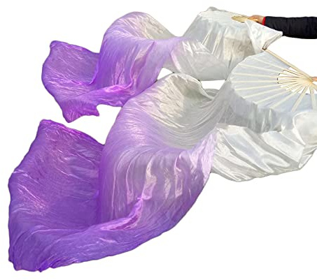 BOEYAA Long éventail de danse orientale en soie avec dégradé de couleur pour danse orientale, 150 cm (blanc violet – gauche)