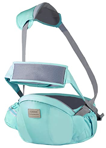 SONARIN Multifunktionell babyhållare som andas väl och som andas, ergonomisk midjepall, sittdyna med säkerhetsbältesskydd och axelrem för spädbarn och småbarn 3-36 månader (grön)
