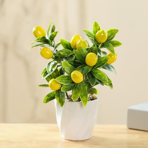 BestAlice 2st Falska Växter, Konstgjorda Växter, Konstgjorda Träd Konstgjorda Konstgjorda Konstväxter med Plastkruka, Mini Krukväxter för Hyllinredning, Mini Små Bonsai(Citron)