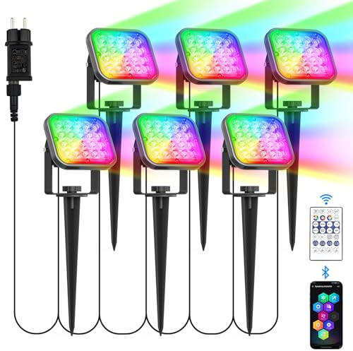 NATPOW Gartenbeleuchtung mit Strom, 6 Stück RGB Gartenleuchte mit Erdspieß, Farbwechsel Gartenstrahler mit Fernbedienung Bluetooth APP, IP65 Wasserdicht Gartenlampe für Garten Rasen Pfad Außen