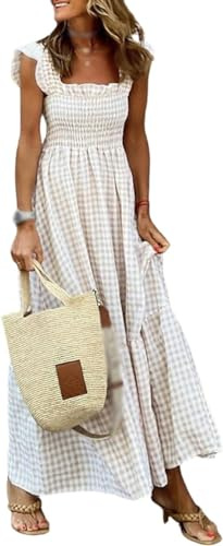 Qizaitz Vestido largo de busto fruncido a cuadros múltiples, vestido de verano a cuadros, vestido largo con volantes para mujer, beige, M