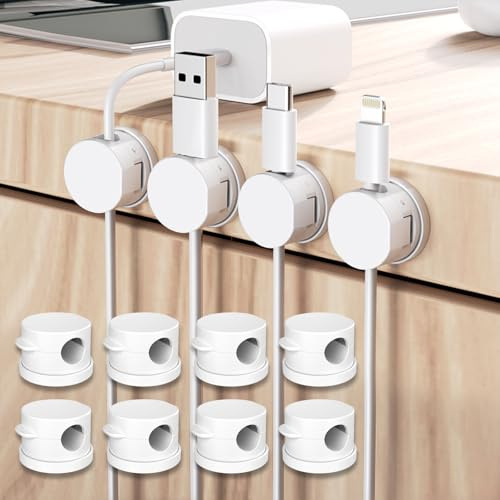 Clips de soporte de cable magnético con base giratoria, Soporte de cable con función de cierre magnético, Gestión de cables de escritorio autoadhesiva para cable de carga USB (Blanco 12 Pack)