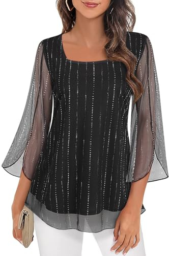 Syphiby Camicette da Donna con Ruffle, Maniche a 3/4, Top a Tunica, Scollo Quadrato, in Chiffon, a Doppio Strato, con Rete, Taglia M-3XL, A righe nere., XXL