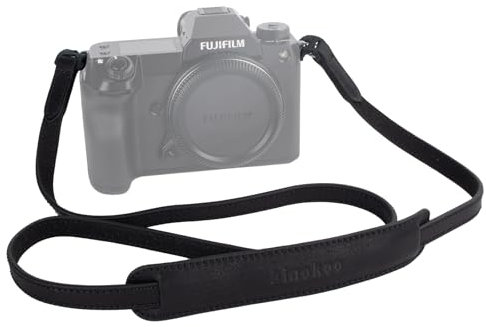 MUZIRI KIINOKOO - Correa de piel auténtica para el cuello y hombro con anillos triangulares, compatible con la mayoría de cámaras con agujeros de conexión redondos, longitud 110 cm, Negro, Long